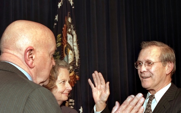 Donald H. Rumsfeld is administered the oath of office as the 21st Secretary of Defense.